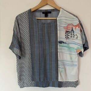 Elena Wang Short Sleeve Striped Embroidered Lagenlook Artsy Blouse Size‎ Small